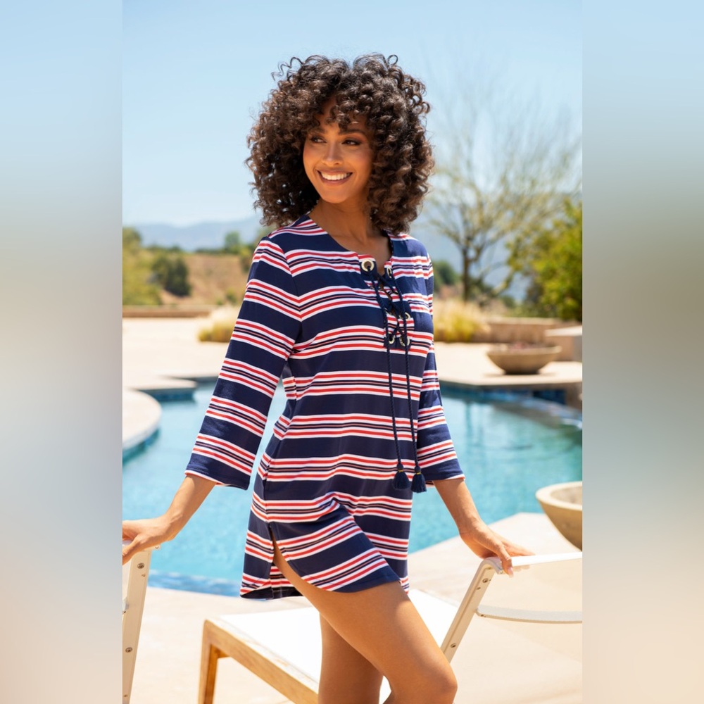 La Blanca Sailor Stripe Lace Up V-Neck Tunic size medium
